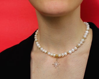 Pearl drop choker with pendant gold star, Luxury choker