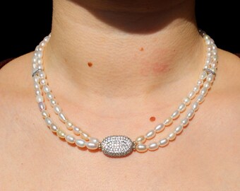 Natural pearl necklace with silver pendant with crystals cubic zirconias