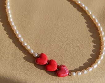 Pearl necklace with red ceramic heart, Red heart choker