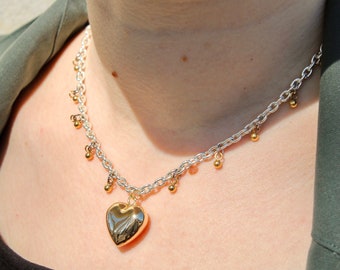 Silver chain choker with gold heart pendant, Mixed metal necklace