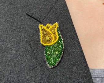 Yellow tulip brooch, beaded embroidery brooch