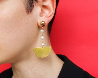 Gold pearl earrings, pearl drop statement earrings