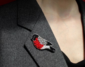 Red bird brooch, sparkly beaded embroidery brooch