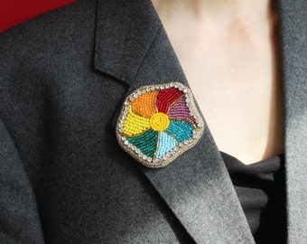 Large rainbow flower brooch, beaded embroidery brooch