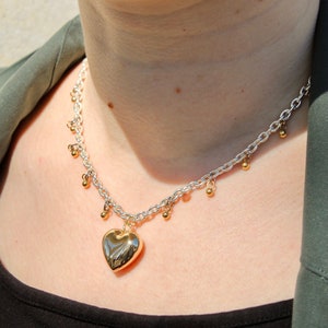 Silver chain choker with gold heart pendant, Mixed metal necklace image 1
