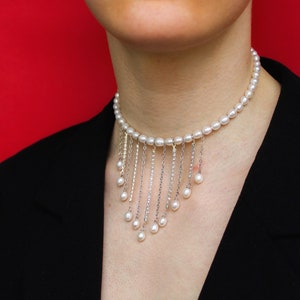 Drop rhinestone pearl choker with chains pendants, Luxury and statement choker image 1