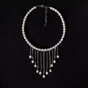 Drop rhinestone pearl choker with chains pendants, Luxury and statement choker image 5