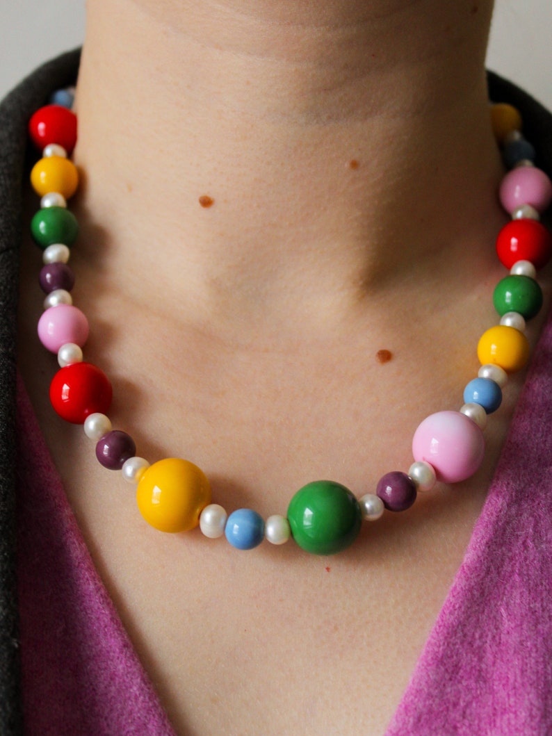 Big colorful beaded necklace with pearls image 7