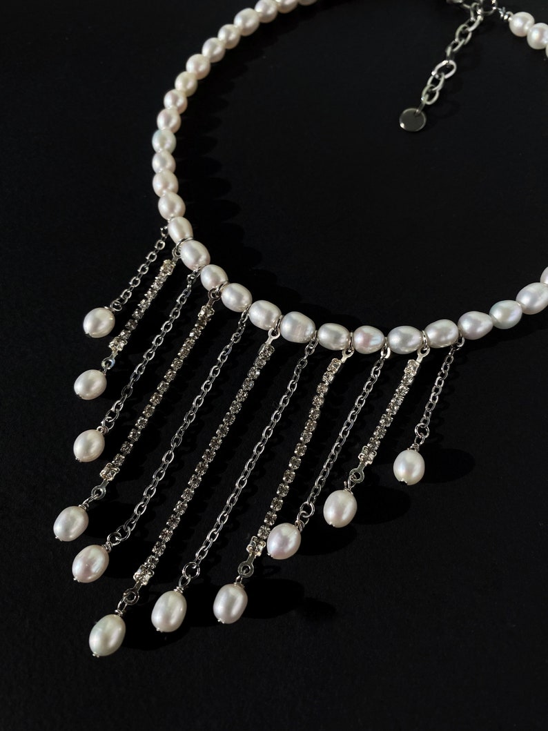 Drop rhinestone pearl choker with chains pendants, Luxury and statement choker image 7