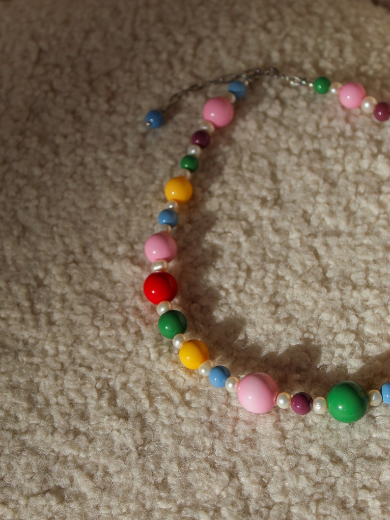 Big colorful beaded necklace with pearls image 4