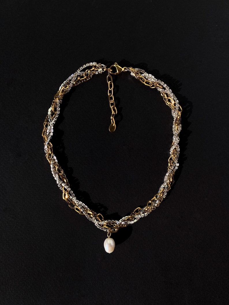 Rhinestone pearl drop choker with chains, Luxury and statement choker image 3