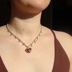 Silver chain choker with gold heart pendant, Mixed metal necklace image 7