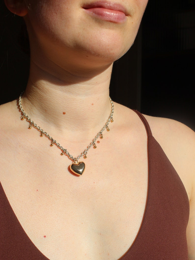 Silver chain choker with gold heart pendant, Mixed metal necklace image 7