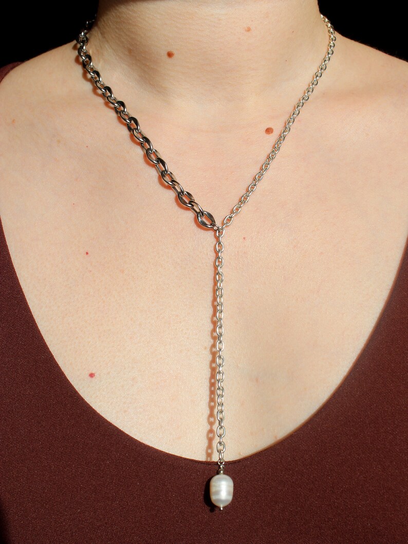 Silver lariat necklace with pearl pendant, Chain silver drop necklace image 6