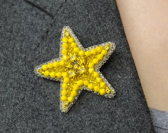Embroidered yellow star brooch, sparkly beaded brooch with crystals