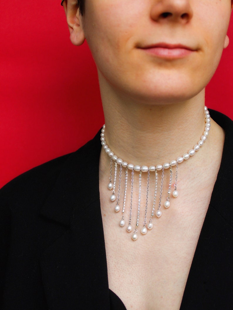 Drop rhinestone pearl choker with chains pendants, Luxury and statement choker image 4