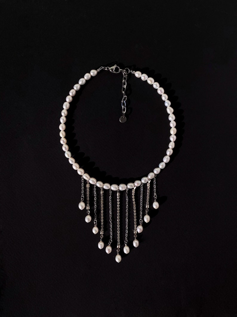 Drop rhinestone pearl choker with chains pendants, Luxury and statement choker image 5
