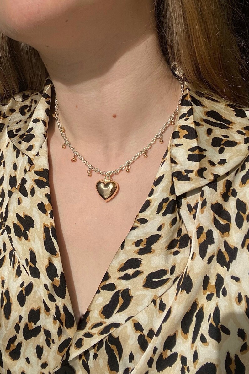 Silver chain choker with gold heart pendant, Mixed metal necklace image 3