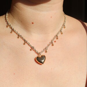 Silver chain choker with gold heart pendant, Mixed metal necklace image 8