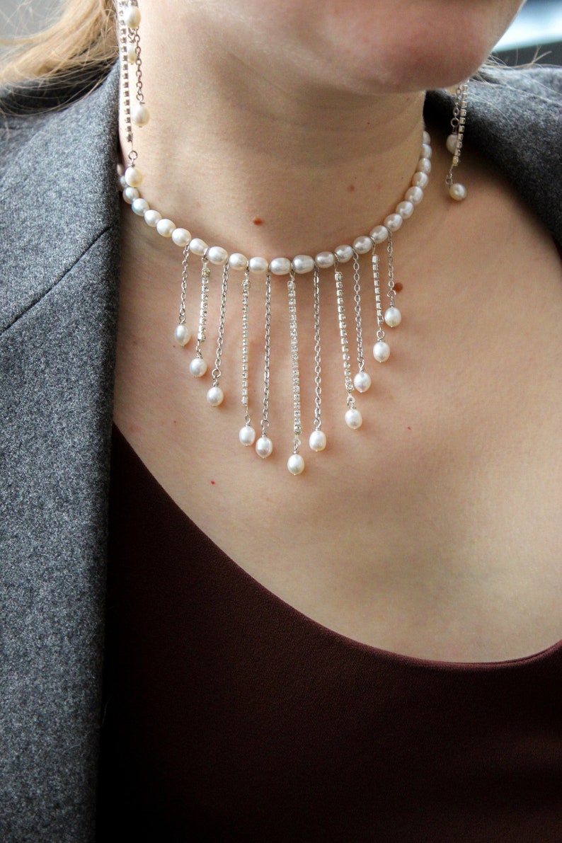 Drop rhinestone pearl choker with chains pendants, Luxury and statement choker image 8