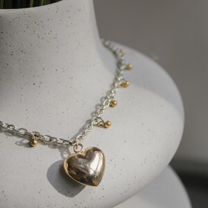 Silver chain choker with gold heart pendant, Mixed metal necklace image 6