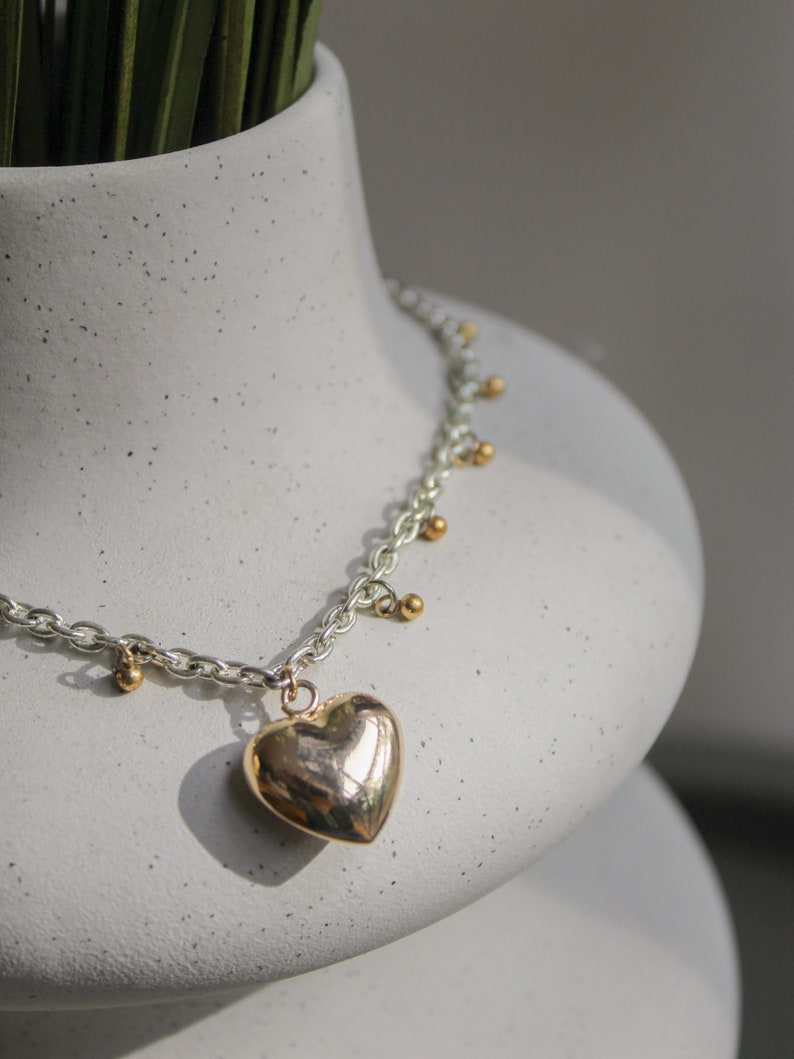 Silver chain choker with gold heart pendant, Mixed metal necklace image 6