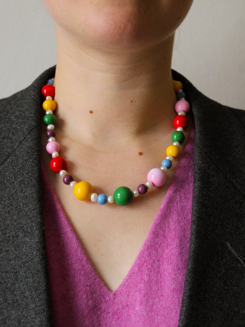 Big colorful beaded necklace with pearls image 1