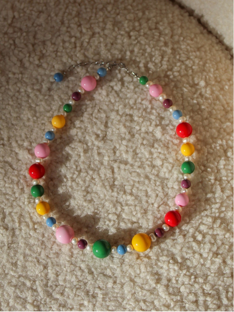 Big colorful beaded necklace with pearls image 8