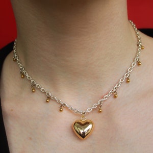 Ras de cou chaîne en argent avec pendentif coeur en or, collier en mélange de métaux image 4