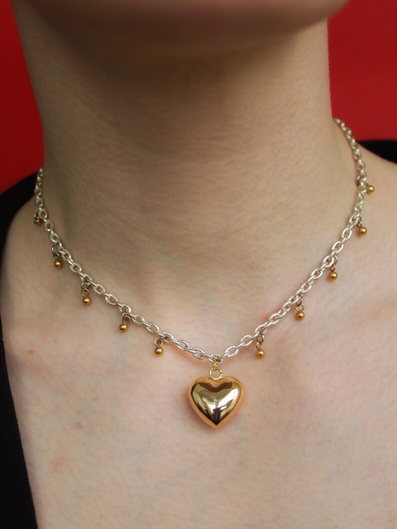 Ras de cou chaîne en argent avec pendentif coeur en or, collier en mélange de métaux image 4