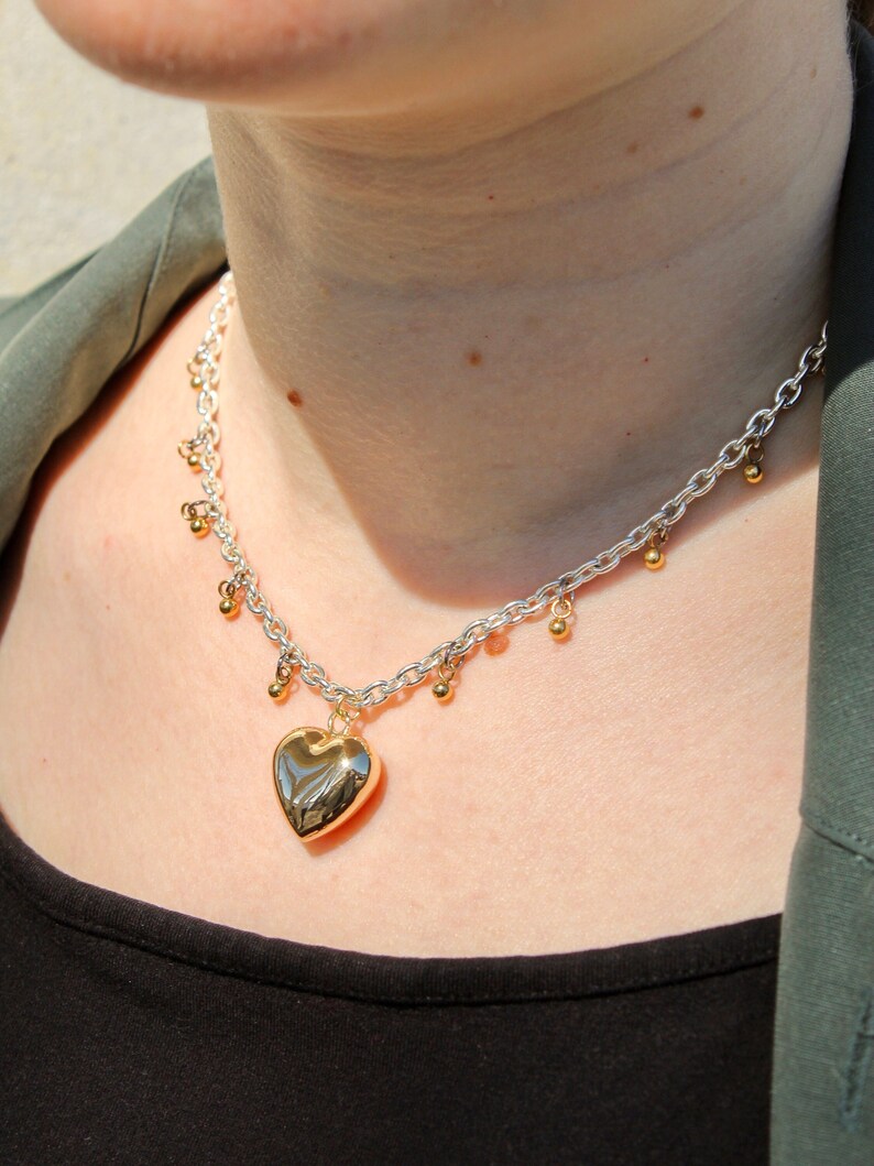 Silver chain choker with gold heart pendant, Mixed metal necklace image 1