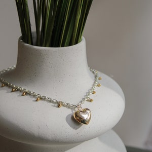 Silver chain choker with gold heart pendant, Mixed metal necklace image 4