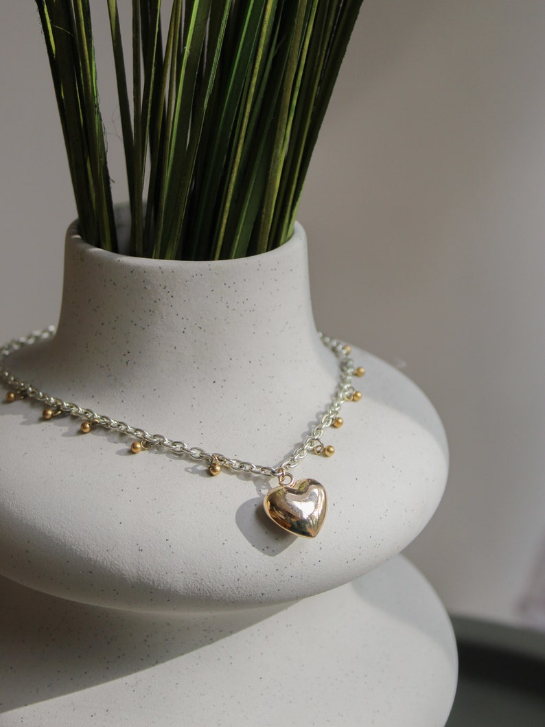 Silver chain choker with gold heart pendant, Mixed metal necklace image 4