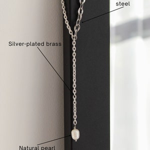 Silver lariat necklace with pearl pendant, Chain silver drop necklace image 2