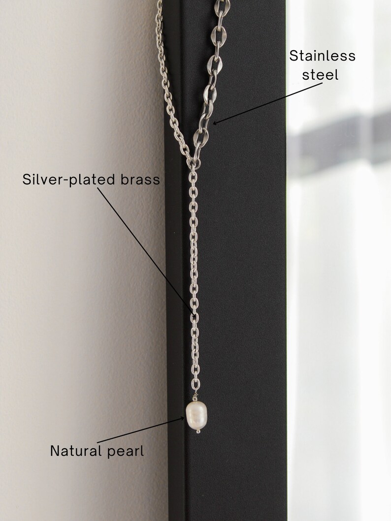 Silver lariat necklace with pearl pendant, Chain silver drop necklace image 2