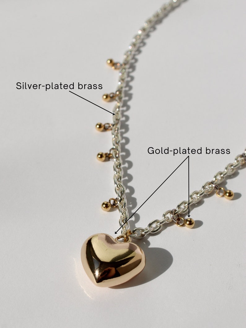 Ras de cou chaîne en argent avec pendentif coeur en or, collier en mélange de métaux image 2