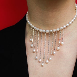Drop rhinestone pearl choker with chains pendants, Luxury and statement choker image 3