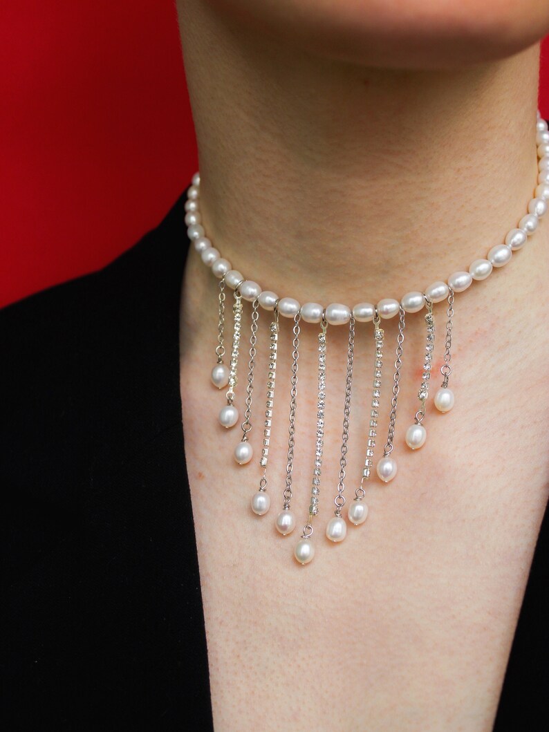 Drop rhinestone pearl choker with chains pendants, Luxury and statement choker image 3