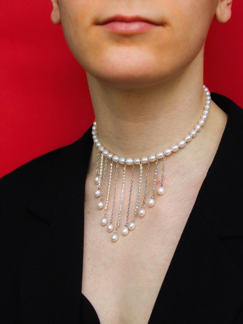 Drop rhinestone pearl choker with chains pendants, Luxury and statement choker image 1