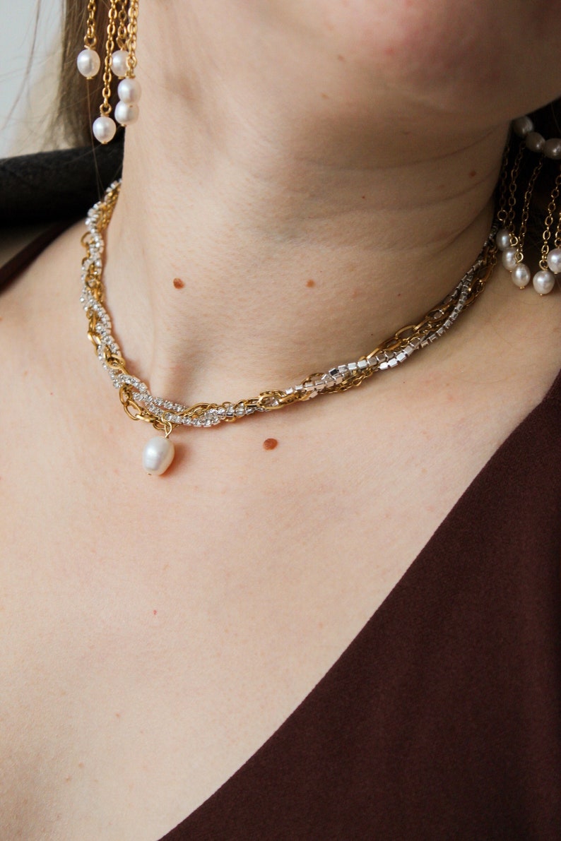 Rhinestone pearl drop choker with chains, Luxury and statement choker image 1