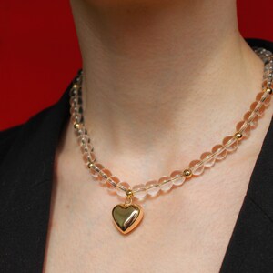 Quartz necklace and earrings set, gold heart necklace image 2