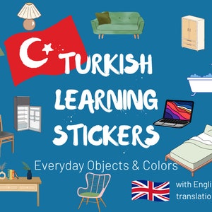 108 Turkse woordenschatstickers | Turkse leerstickers voor alledaagse voorwerpen en kleuren | Leer Turkse stickers | Bestudeer Turkse stickers