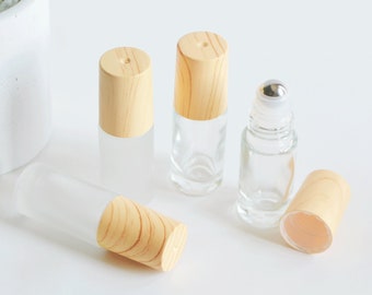 5ml Mini bottiglie a rullo in vetro smerigliato trasparente, coperchi in plastica effetto legno Imballaggio cosmetico opaco tubi, rotolo fai-da-te su bottiglie fatte a mano, alla rinfusa