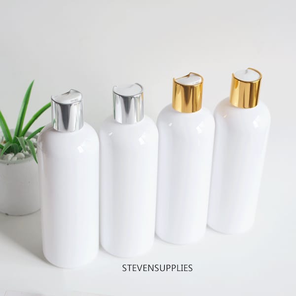 300ml White Plastic Lotion Press Pump Bottles, Bathing Lotion Container Shampoo, Silver/Gold Flip Cap Packaging, Skin Care Soap Dispenser