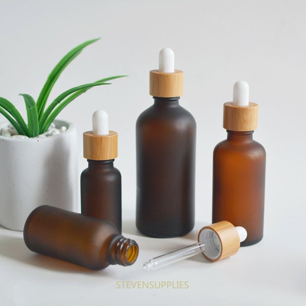 Natural Bamboo Wooden Bottles Dropper Matte Amber Glass Dropper Containers Cosmetic Essential Oil Packaging, 5ml 10ml 15ml 30ml 50ml 100ml