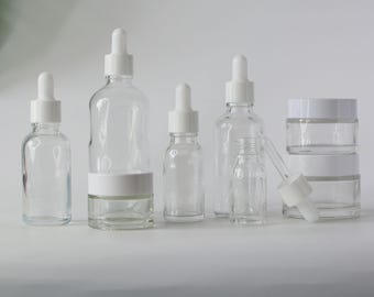 New Produce Cosmetic Packaging Sets Dropper Bottle/Cream Jar Refillable Clear Glass White Dropper Cap For Skin Care Cosmetic Line Sample