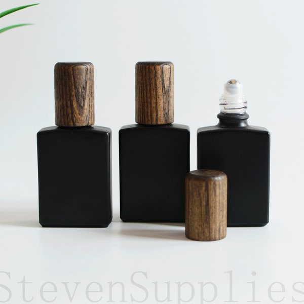 30ml Matte Black Square Glass Roller Bottles with Black Natural Lids Oil Roll on Bottles Metal Rolling Ball Cosmetic Makeup Packaging