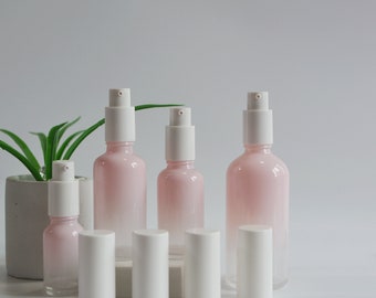 New 15ml-100ml Serum Lotion Pump Bottle Gradient Pink Glass , White Plastic Tops, Cosmetic Packaging Atomizer, Body Oil  Cream Bottle, Bulk