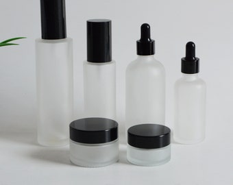 Frosted Glass Cosmetic Container/Lotion/Fine Mist Spray/ Dropper Bottle with Black  Lids Travel Size Bottles Bulk Order Cosmetic Packaging