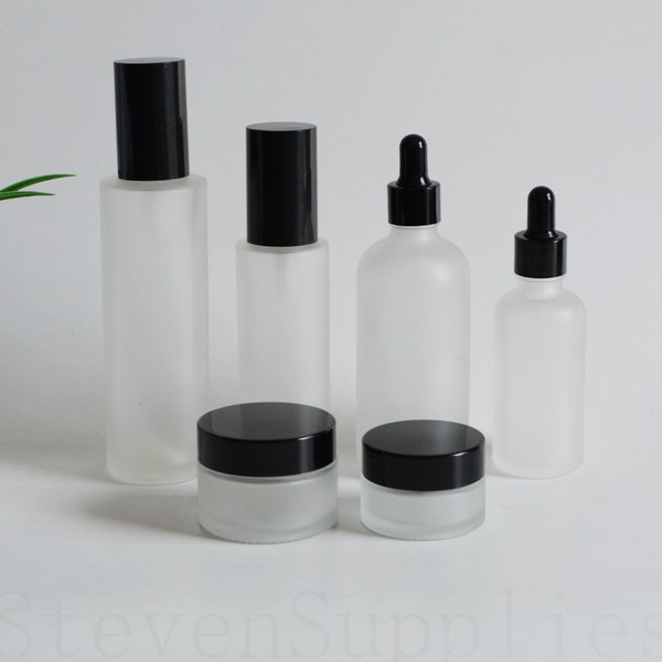 Frosted Glass Cosmetic Container/Lotion/Fine Mist Spray/ Dropper Bottle with Black  Lids Travel Size Bottles Bulk Order Cosmetic Packaging